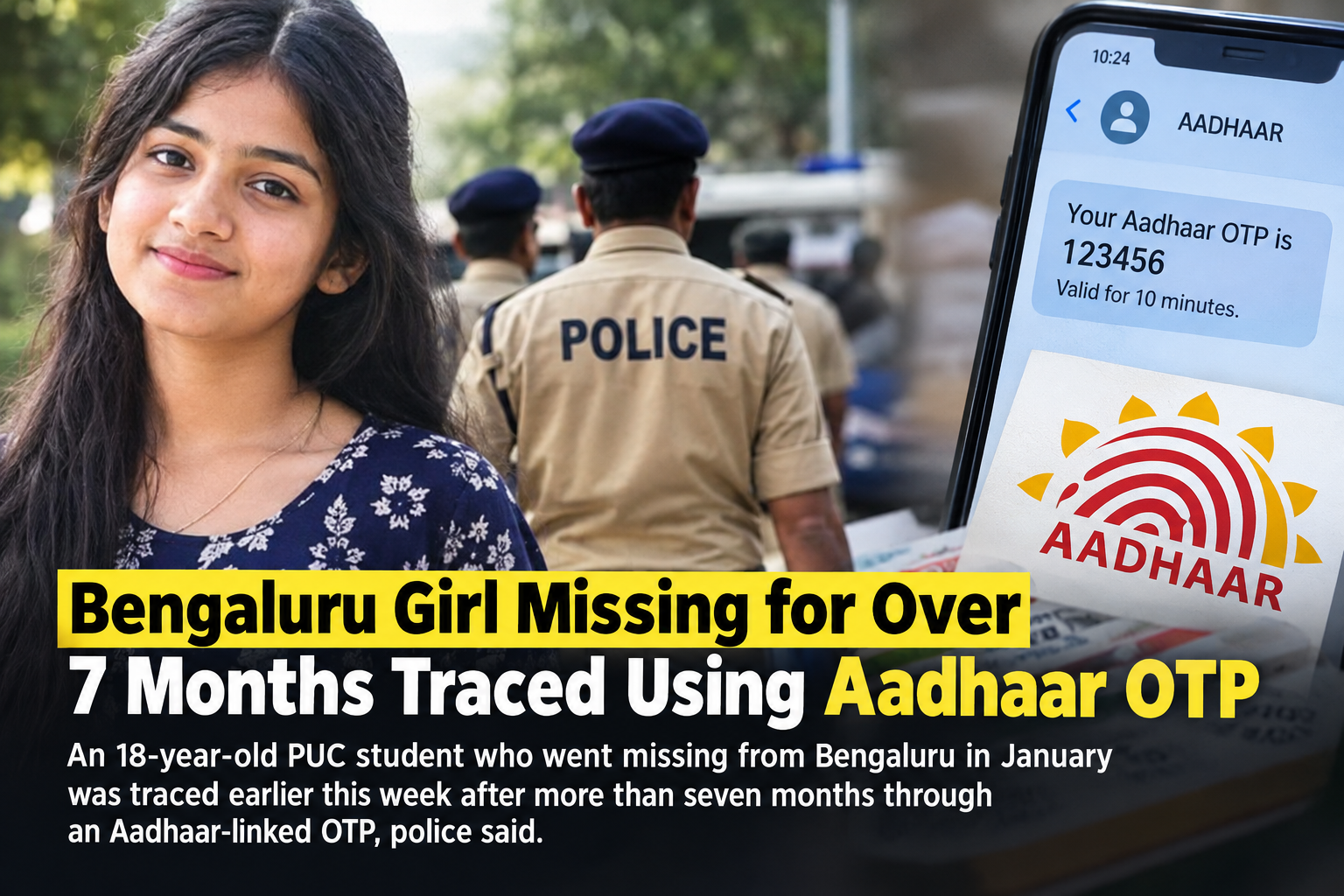 18-year-old Bengaluru PUC student missing for over seven months traced using an Aadhaar-linked OTP by police.